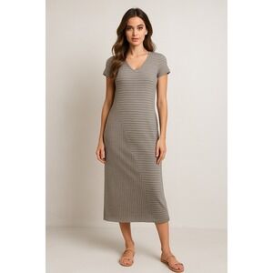Pure Jill T Shirt Dress Womens M Gray Striped Textured Lagenlook Neutral Midi